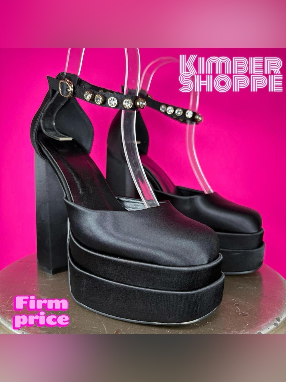 Black Satin Chunky Platform High Block Heel Jewel Ankle Strap Pump EU 36 US 6